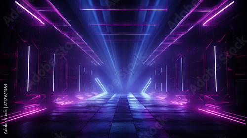 laser show club dark neon sci fi futuristic retro purple blue glowing garage stage tunnel room 3D