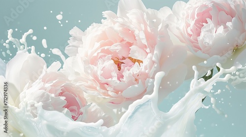 Many delicate tender pink big and small open and closed peony flowers and buds levitating in the air, surrounded by splashes of white solid liquid water or paint