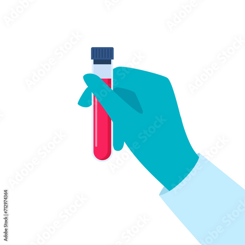 Chemical Researcher's hand in a rubber glove holding test tube with some substance. Molecule of organic substance. Laboratory research. Vector illustration