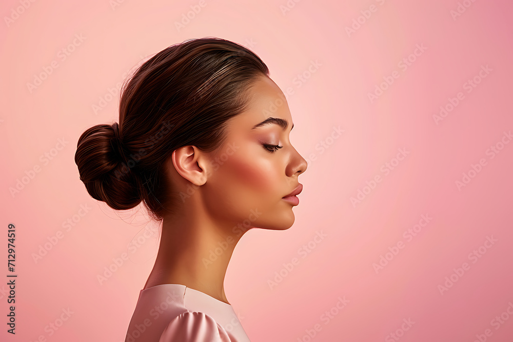 portrait of a woman with hair, side view, Elegant Side Profile, Soft Pink Hues, Graceful Beauty Portrait portrait of a woman with hair, side view, Elegant Side Profile, Soft Pink Hues, Graceful Beauty Portrait