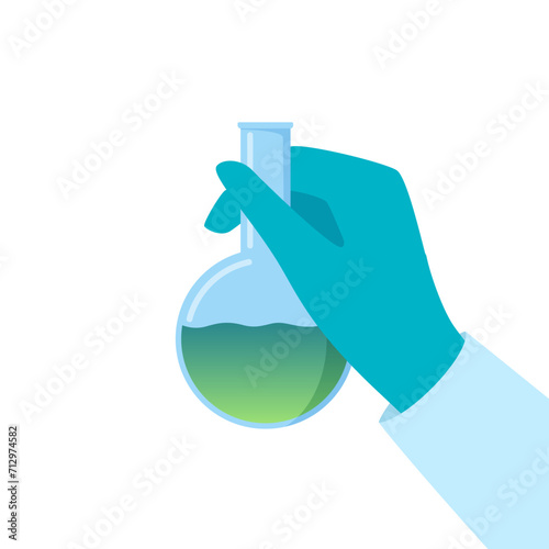 Chemical flask in hand. Gloved hand holding a flask. Liquid in vial. Concept of vaccine, chemical experiments, medical research, science achievement. Vector illustration.