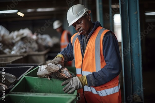 Recycling industrial worker sorting waste. Factory for sustainable rubbish management collect. Generate ai
