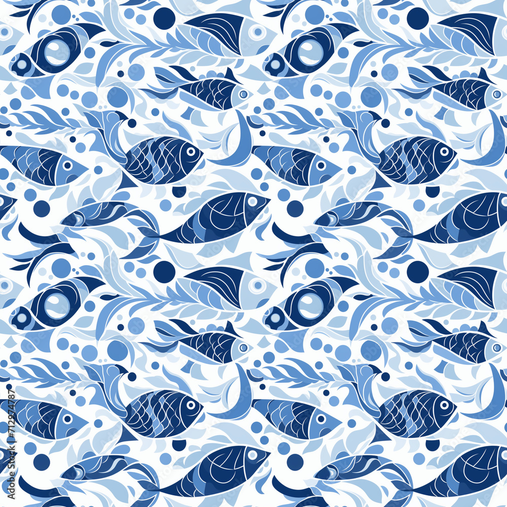 Fototapeta premium Generative Ai white and blue fish seamless pattern on white surface. Suitable for fabric, wallpaper, prints, home decoration products, children's clothing, etc.