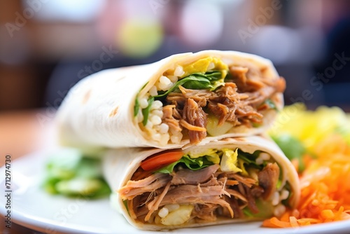 close-up of a juicy pulled pork burrito on a plate