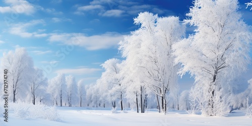 Snow-covered trees with space for your product advertisement, set against a dramatic, blue winter sky. © Sona