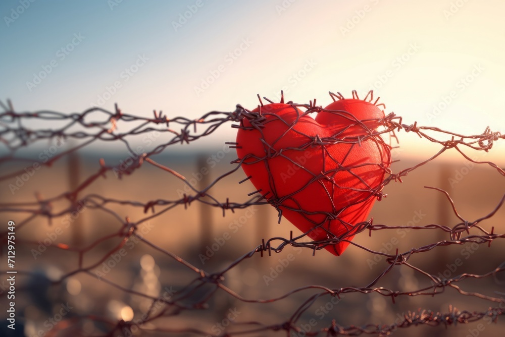 Red heart stuck in sharp fencing barbwire. Romantic love emotion trapped boundary. Generate ai - obrazy, fototapety, plakaty 