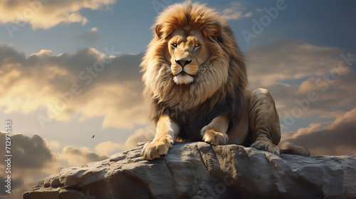 a lion sitting on a rock with a cloudy sky background