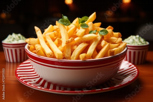 Classic French Fries in a Retro Container  on an isolated Nostalgic Red background  Generative AI