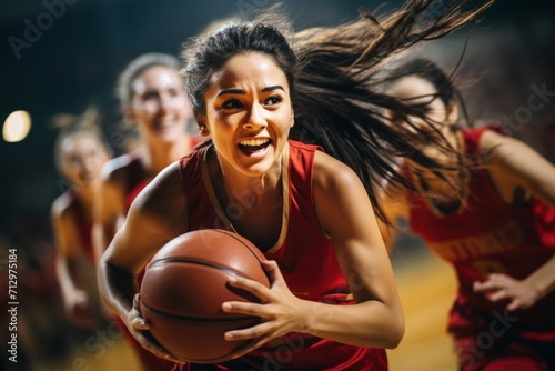 Energetic women's basketball action unfolds with fierce intensity on the court, showcasing skilled players, powerful teamwork