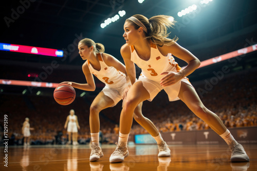Energetic women's basketball action unfolds with fierce intensity on the court, showcasing skilled players, powerful teamwork