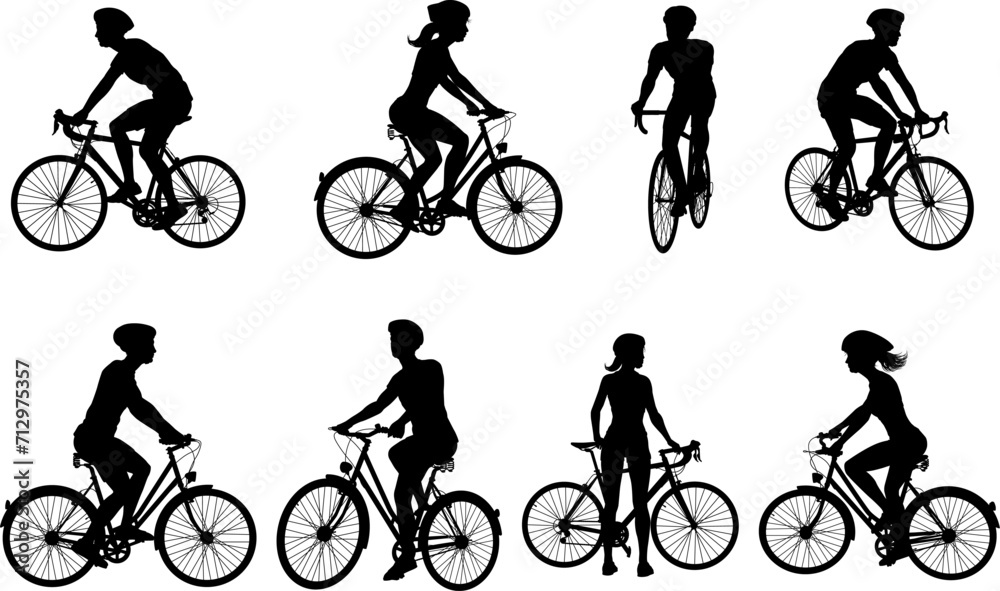 Fototapeta premium A set of bicyclists riding bikes and wearing a safety helmet in silhouette