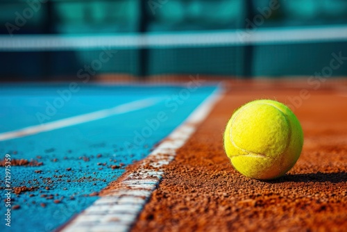 Vibrant yellow tennis ball, captured in a dynamic close-up, bounces energetically on the green court, epitomizing the spirit of a thrilling sport championship © NS