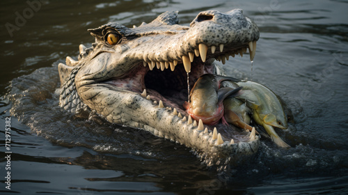 Crocodile devours chicken while swimming.