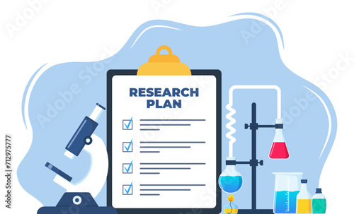 Chemical laboratory research plan on clipboard with checklist. Chemical Laboratory with different glass flasks, vials. Lab research, testing, studies in chemistry. Vector illustration.