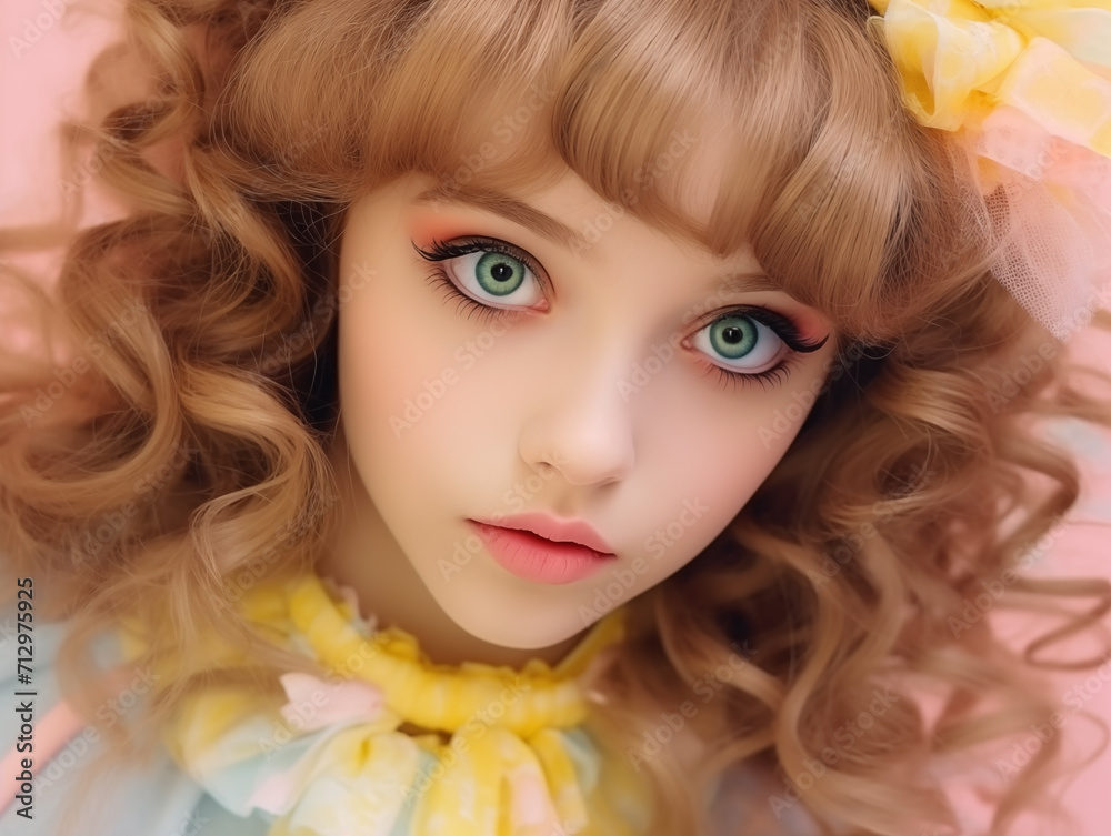 Portrait of a girl styled as a cute doll with curly hair and vivid makeup