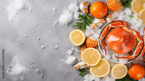 Delicious boiled crab with ice cubes slices of lemon