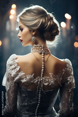 Elegant woman, viewed from behind, dons a timeless antique dress and intricate jewelry, creating a captivating scene for a book cover with a touch of historical allure. photo