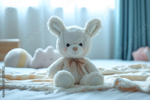 Cute White Bear Dressed on a Bed