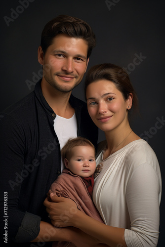 Happy young family holding a newborn photo. Concept of family holiday