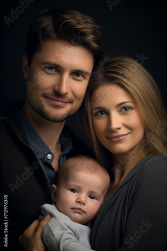 The young family posing for a portrait of the newborn. Lifestyle photo of family care and happiness concept