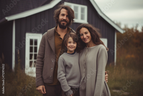 Family is posing in front of their house