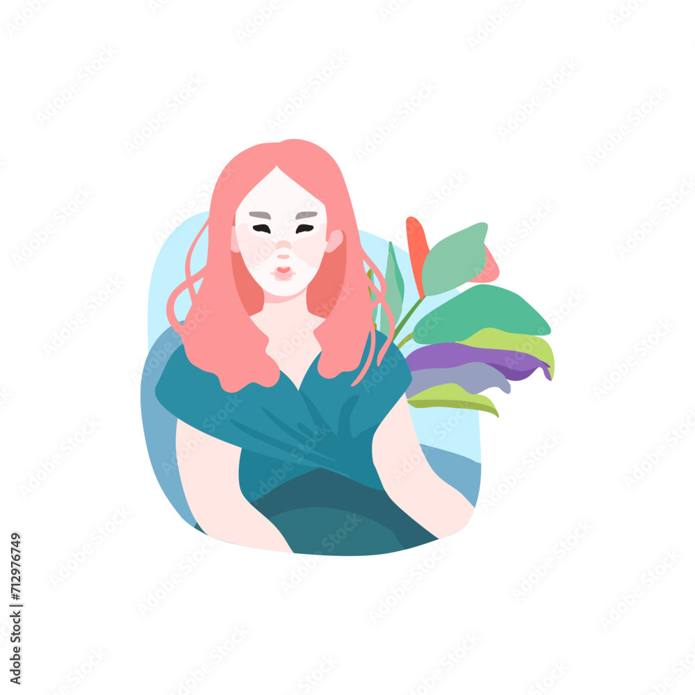 Avatar of a girl in a modern minimalist style. Woman in a green dress. Vector illustration.
