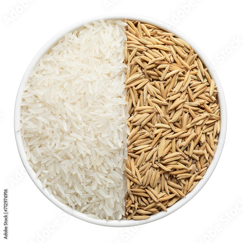 Rice and paddy in white bowl.