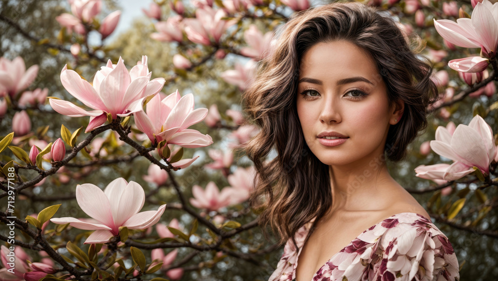 Fototapeta premium portrait of a woman with magnolia flowers