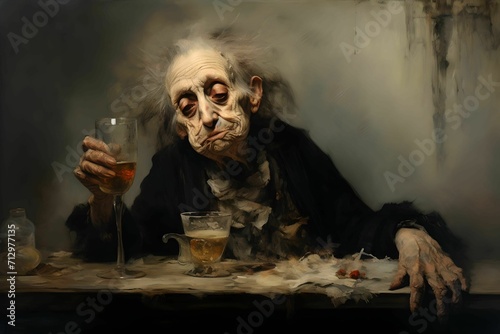 An old lady drinking a glass of wine, grotesque caricatures, oil painting 