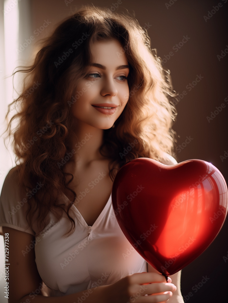 Portrait of young woman with wavy hair smiling gently while holding a red heart-shaped balloon in Valentines Day Portrait of young woman with wavy hair smiling gently while holding a red heart-shaped balloon in Valentines Day