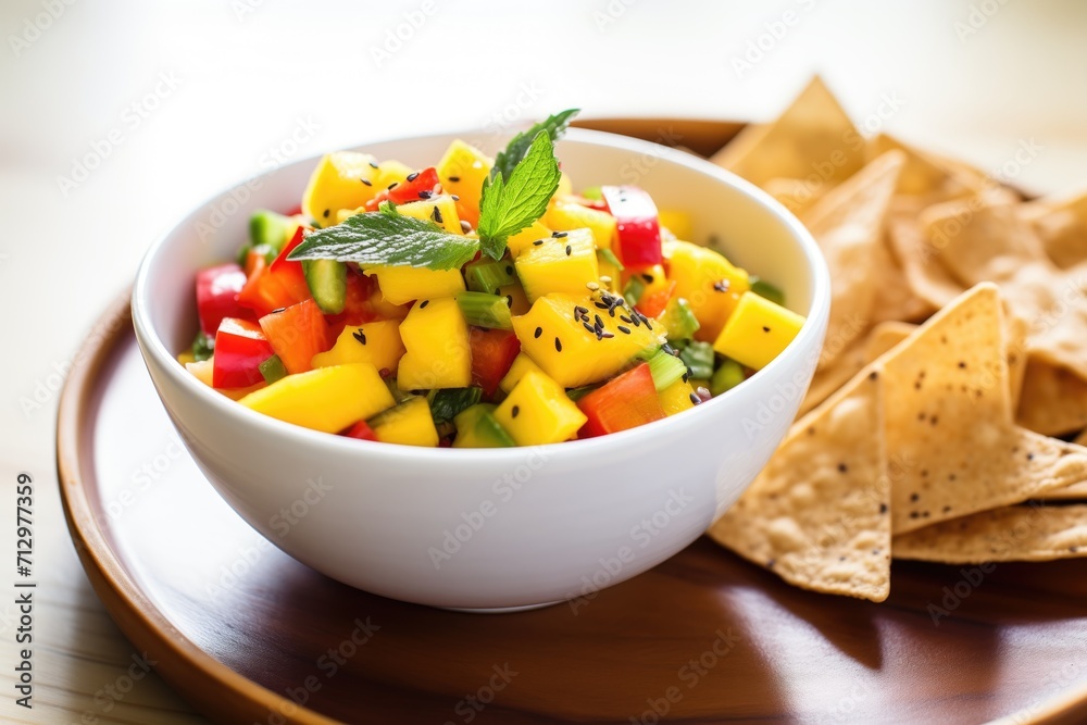 bowl of fruity mango salsa with a sprinkle of chili, chips on the side