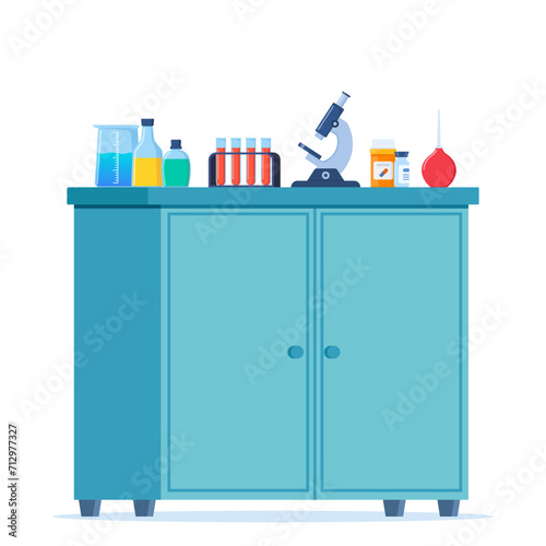 Medicine chest with medical flask, jars, test tubes, pills, microscope. Medical equipment. Hospital furniture element. Vector illustration.
