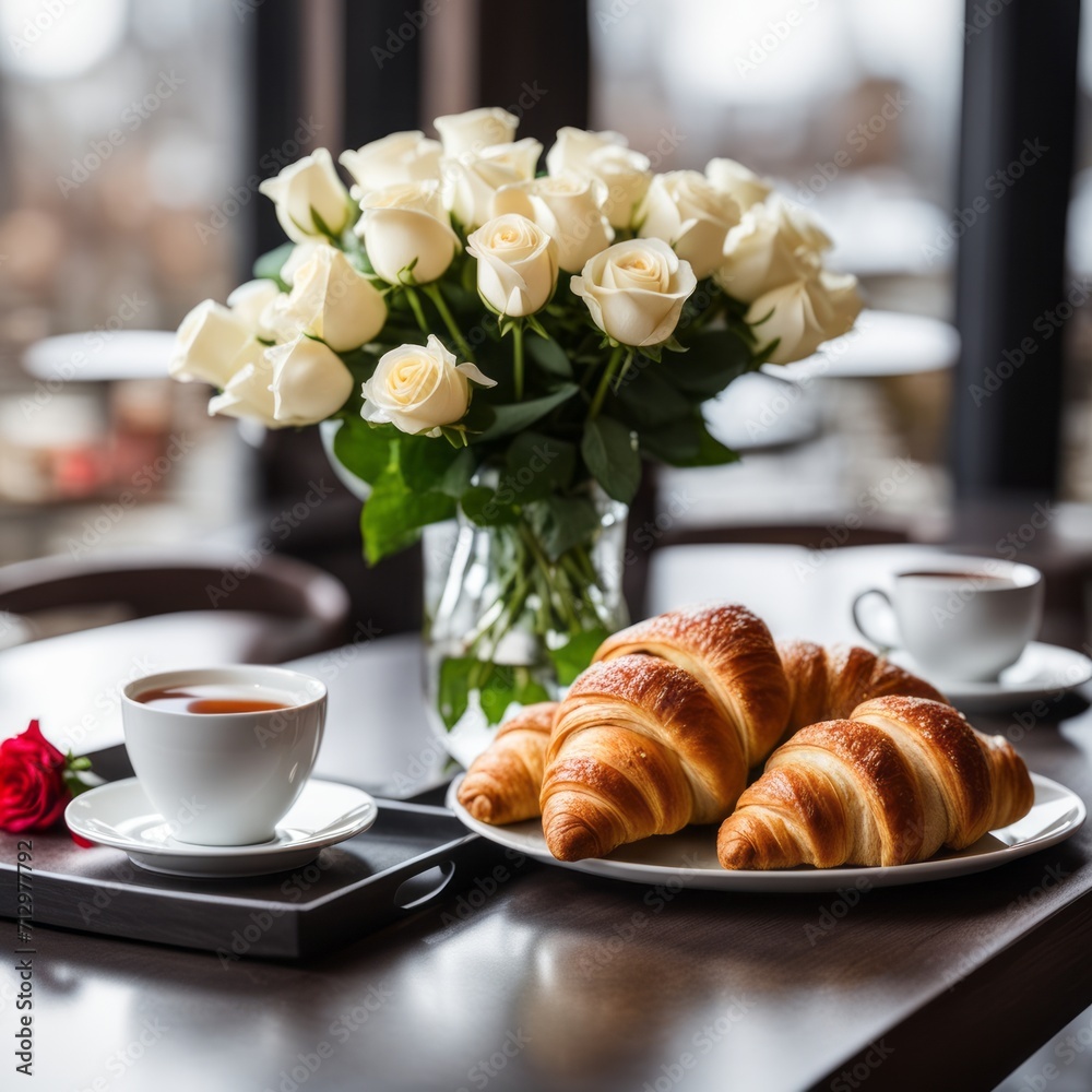 A bouquet of white roses, a cup of tea and croissants are displayed on a tray on a table against a blurry background of a restaurant. A romantic breakfast surprise.