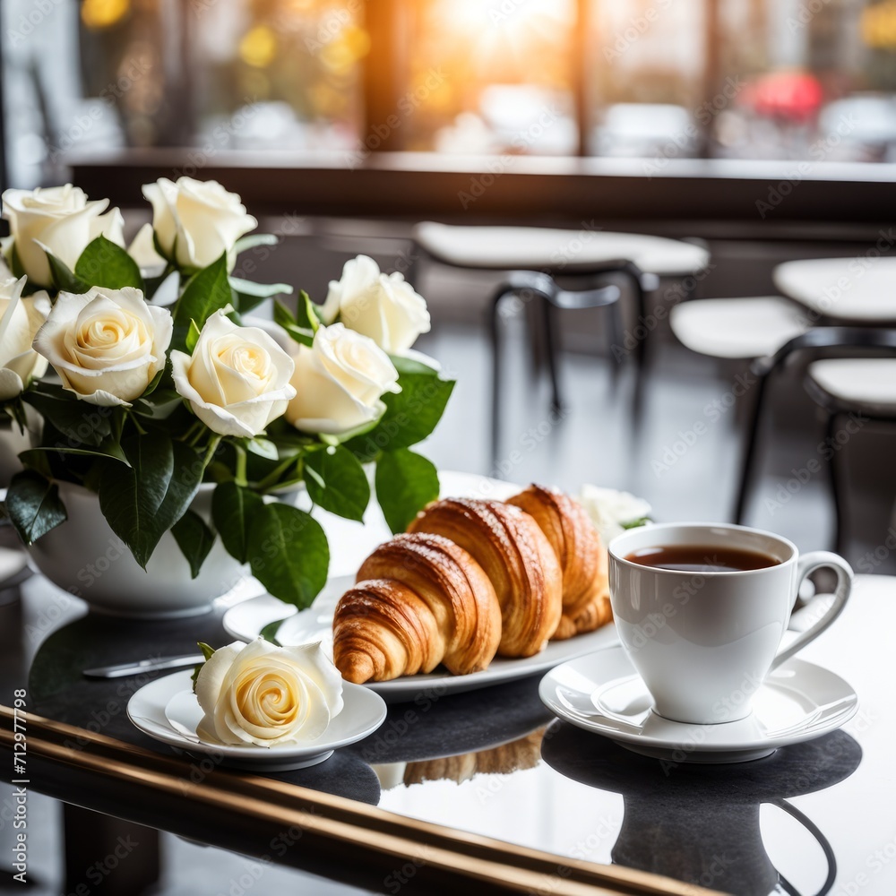 A bouquet of white roses, a cup of tea and croissants are displayed on a tray on a table against a blurry background of a restaurant. A romantic breakfast surprise. A bouquet of white roses, a cup of tea and croissants are displayed on a tray on a table against a blurry background of a restaurant. A romantic breakfast surprise.