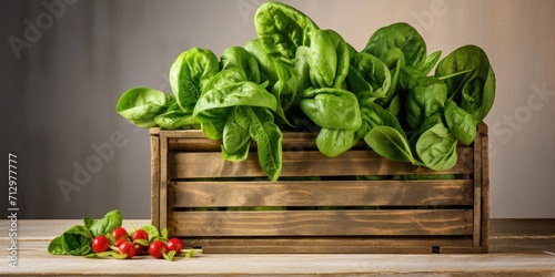 Fresh produce for healthy cooking showcased with spinach leaves in a wooden box against a neutral background.