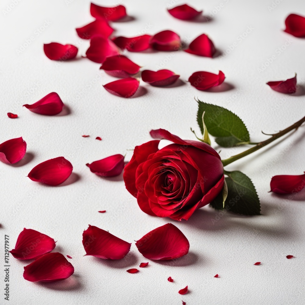 Rose and Petals on white bed in hotel room. Decorative elements for interiors