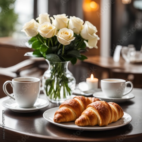 A bouquet of white roses, a cup of tea and croissants are displayed on a tray on a table against a blurry background of a restaurant. A romantic breakfast surprise.
