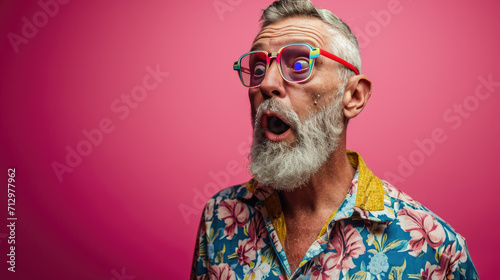 Senior man with gray hair and a beard, expressing surprise or excitement while wearing 3D glasses.