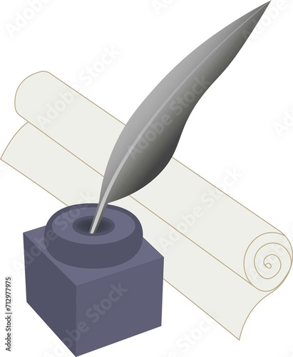 Illustration inkwell pen and paper. Illustration an old set for writing from the inkwell of a pen and a rolled sheet of paper