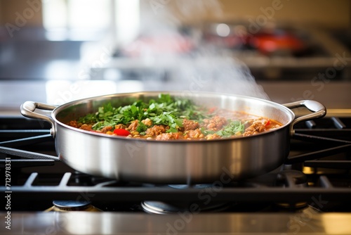 chana masala in a pan on the stove, mid-simmer photo