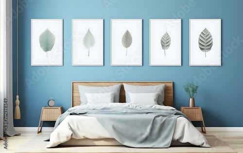 Bright blue Scandinavian bedroom with three vertical frames and mockup © Rana