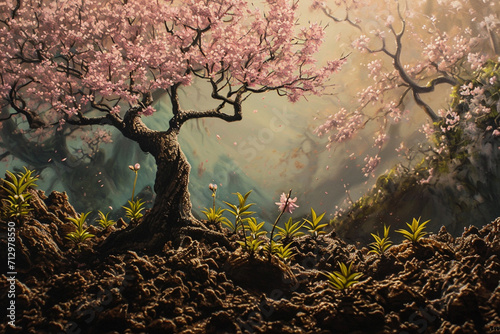 A representation of Spring, gently coaxing plants to grow, with a backdrop of cherry blossoms. photo