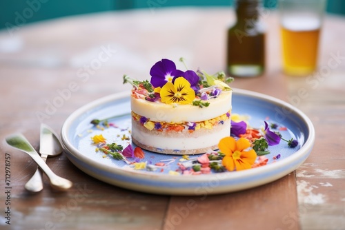 cheesecake decorated with edible flowers, natural daylight
