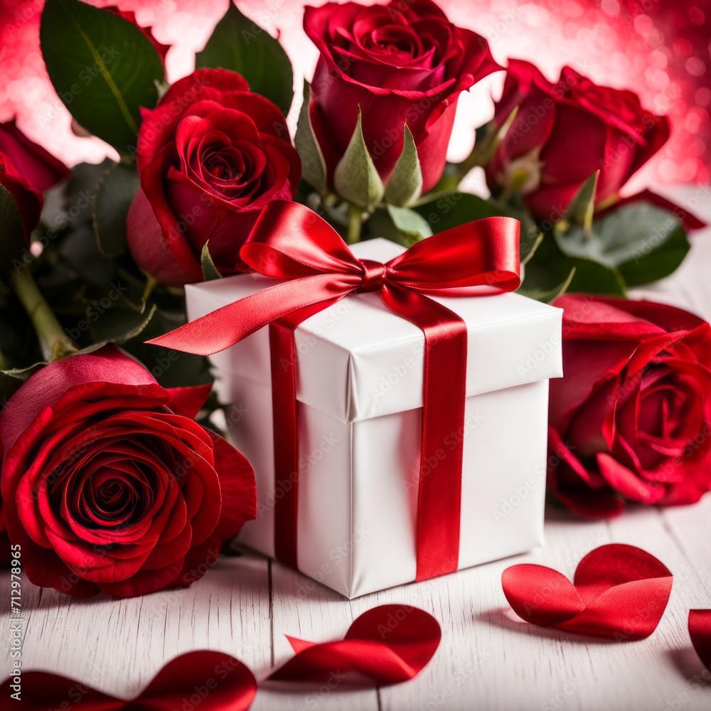 A white gift box with a red bow is framed by red roses and bokeh. Happy Valentine's Day, Mother's Day, 8 March, and Women's Day A white gift box with a red bow is framed by red roses and bokeh. Happy Valentine's Day, Mother's Day, 8 March, and Women's Day