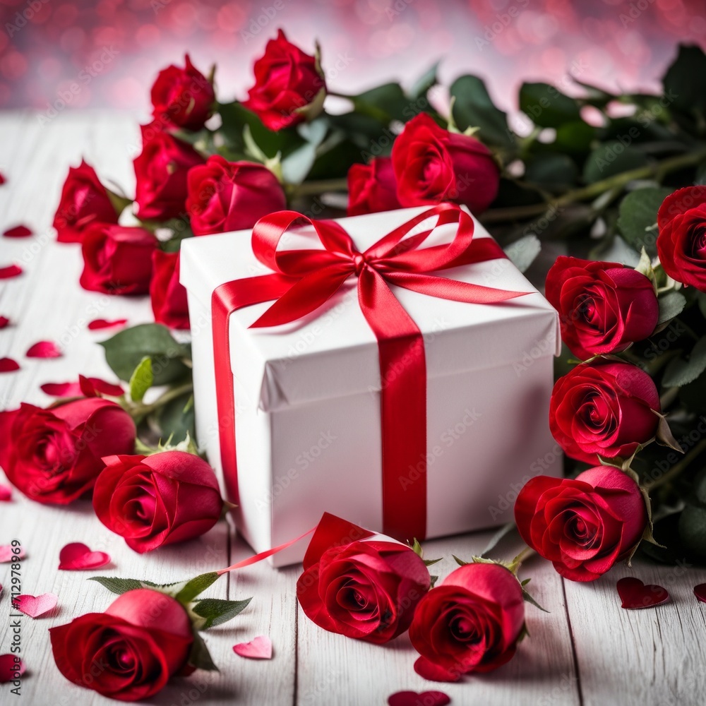 A white gift box with a red bow is framed by red roses and bokeh. Happy Valentine's Day, Mother's Day, 8 March, and Women's Day A white gift box with a red bow is framed by red roses and bokeh. Happy Valentine's Day, Mother's Day, 8 March, and Women's Day