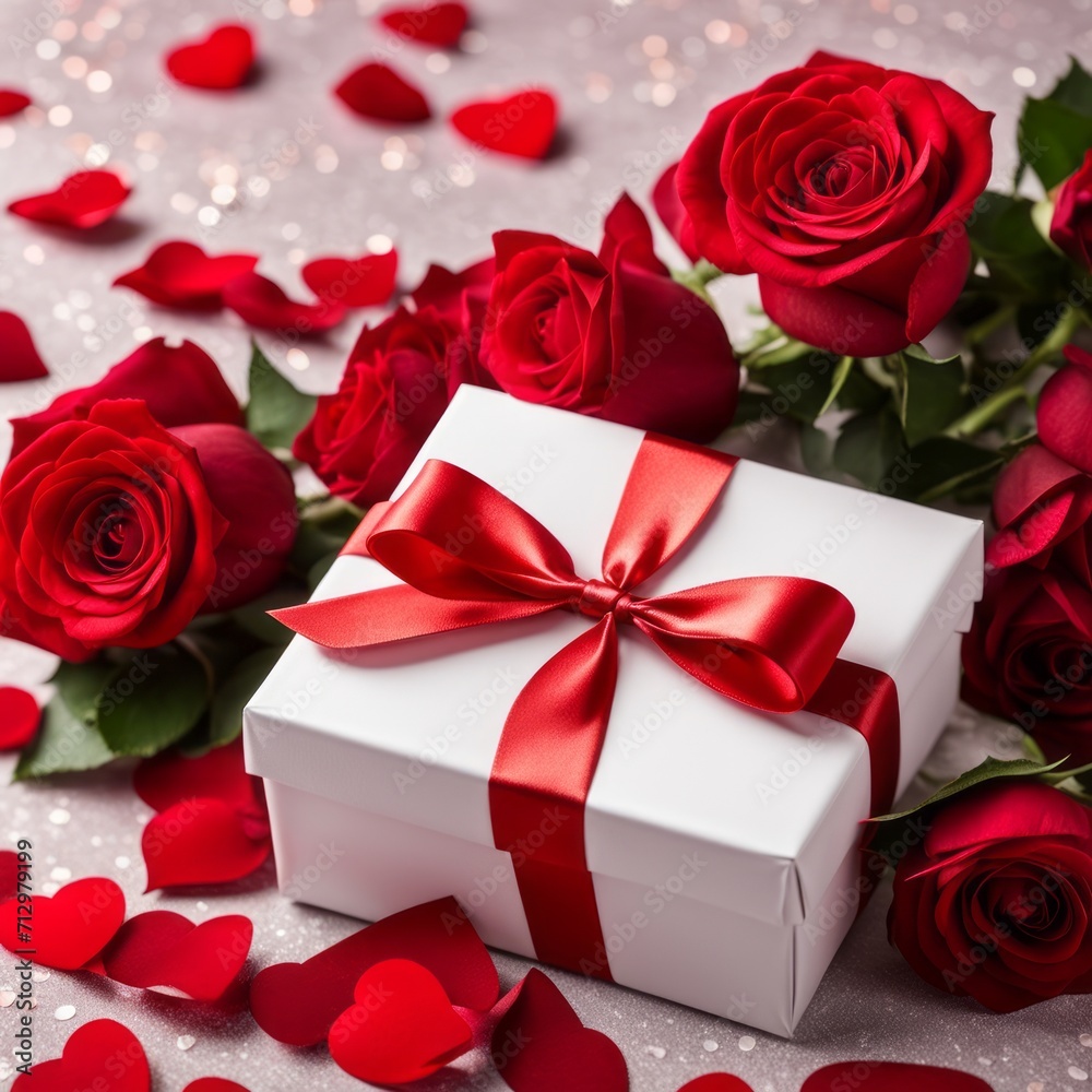 A white gift box with a red bow is framed by red roses and bokeh. Happy Valentine's Day, Mother's Day, 8 March, and Women's Day A white gift box with a red bow is framed by red roses and bokeh. Happy Valentine's Day, Mother's Day, 8 March, and Women's Day