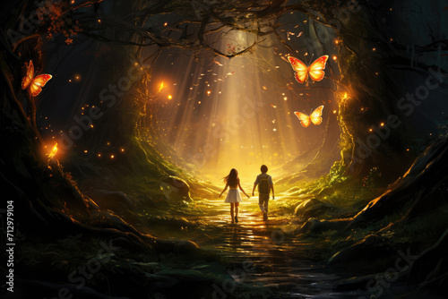 A couple in love walks on a romantic date in a magical forest full of mysteries and mysticism. photo