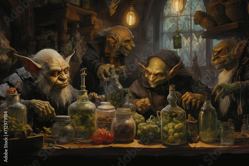 
Illustration of a goblin market, with various goblins trading magical items and potions photo