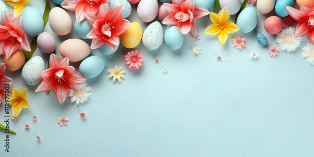 Easter poster and banner template with beautiful Easter multi-colored eggs and flowers.Promotion and shopping template for Easter. Beautiful easter promotion banner.Top view, flat lay.Space for text Easter poster and banner template with beautiful Easter multi-colored eggs and flowers.Promotion and shopping template for Easter. Beautiful easter promotion banner.Top view, flat lay.Space for text