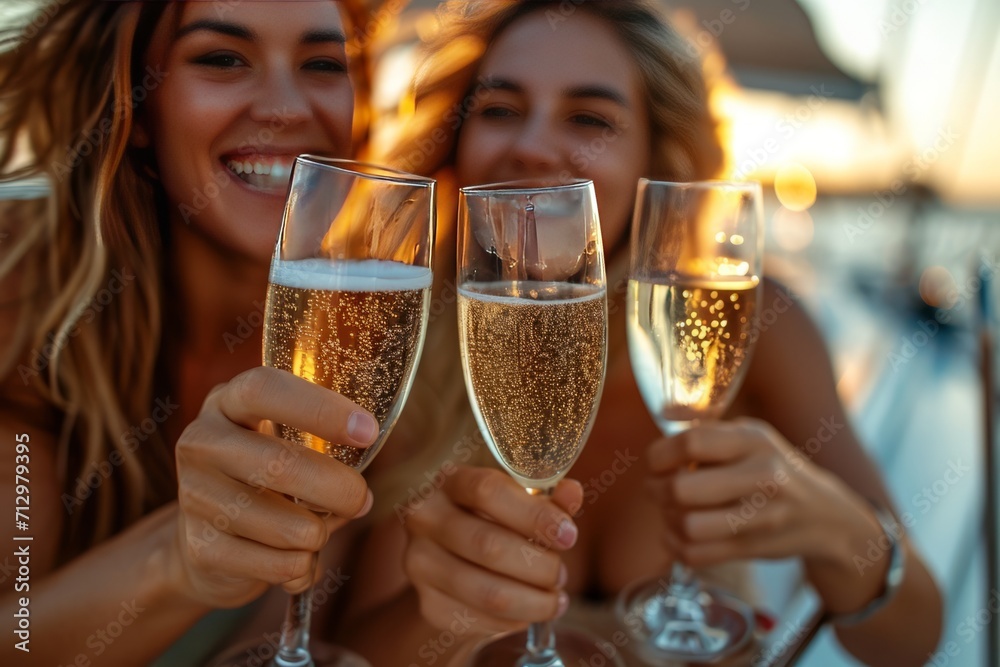 Close-up of female hands holding glasses of champagne and clinking them with each other. Generative Ai. Close-up of female hands holding glasses of champagne and clinking them with each other. Generative Ai.